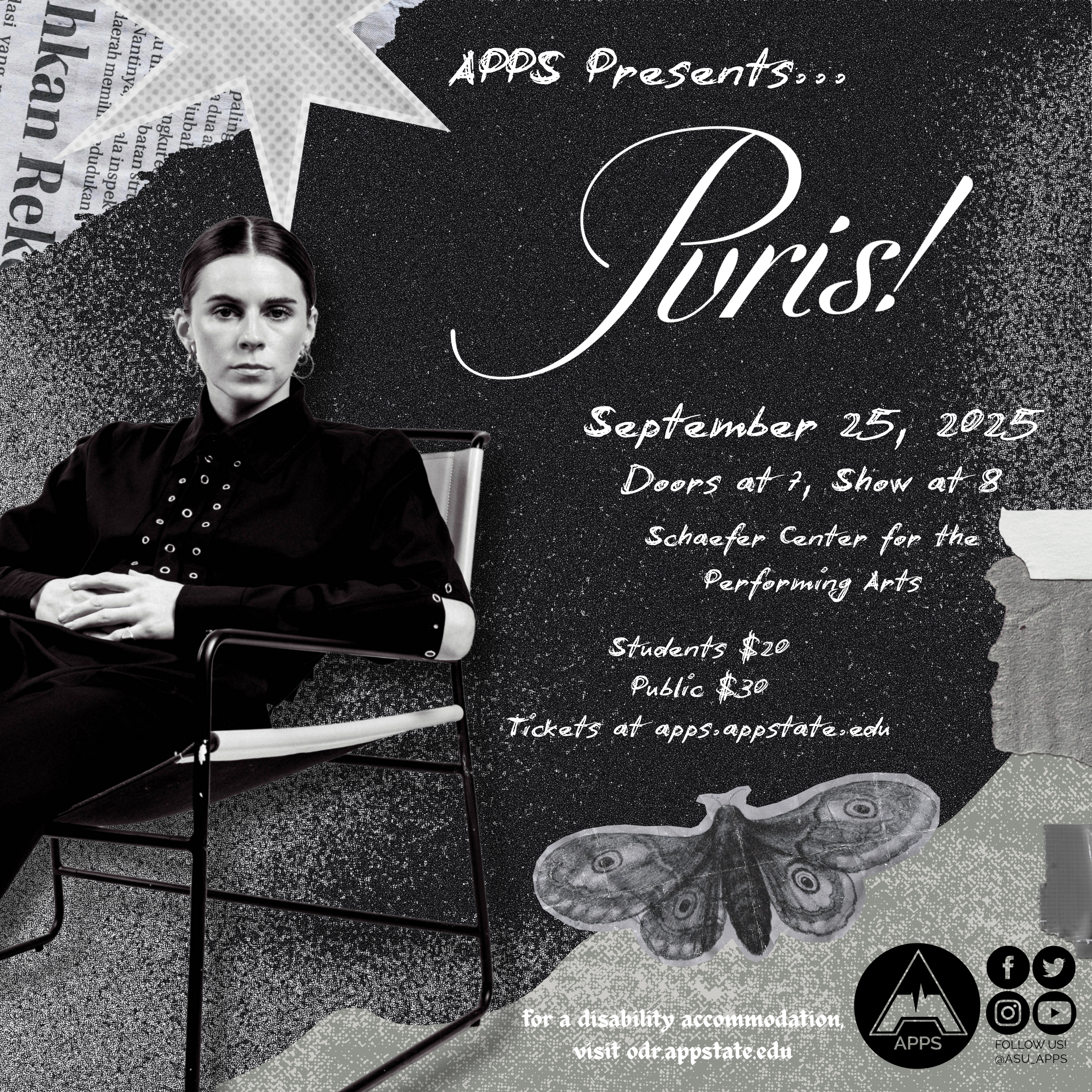 PVRIS announcement post, text reads "APPS Presents: PVRIS! September 25th, 2025, Doors at 7, Show at 8, Schaefer Center for the Performing Arts, student tickets $20, public tickets $30, tickets available at apps.appstate.edu"