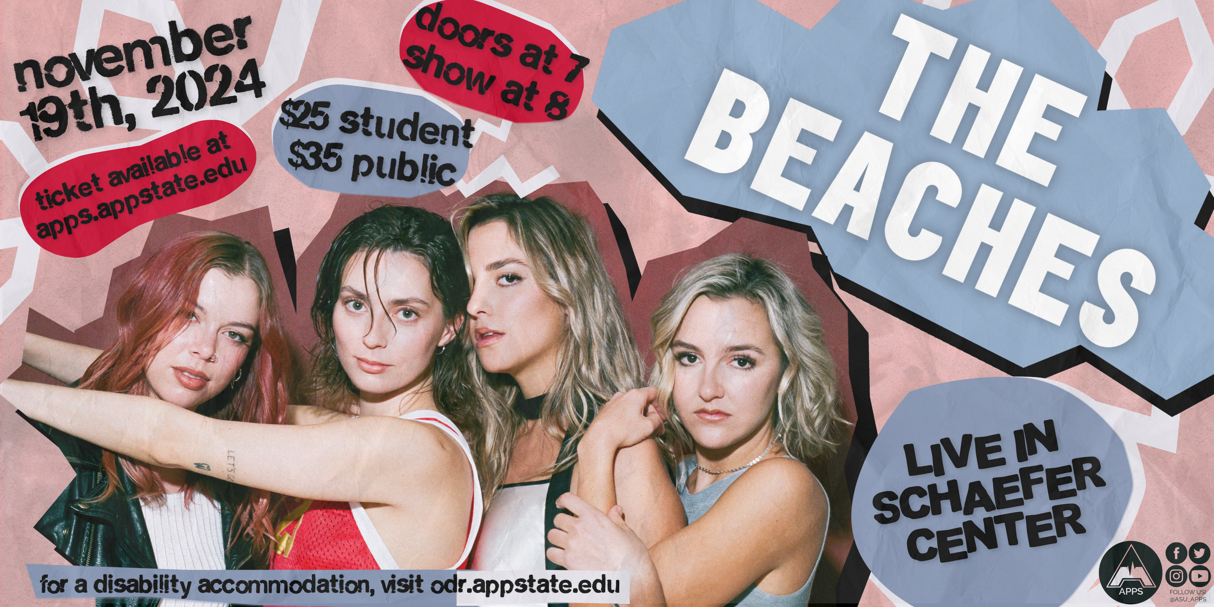 The Beaches announcement banner, includes ticket information, date, time, and location